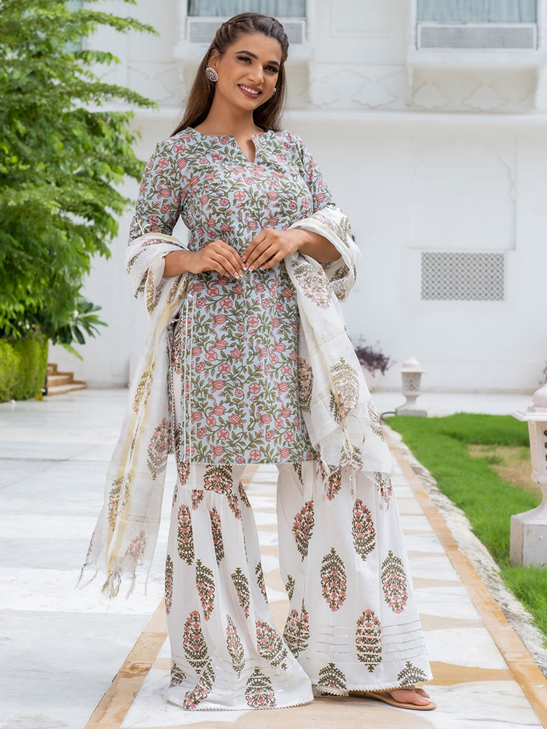 Light Blue Ethnic Print Cotton Short Kurta With Sharara & Dupatta