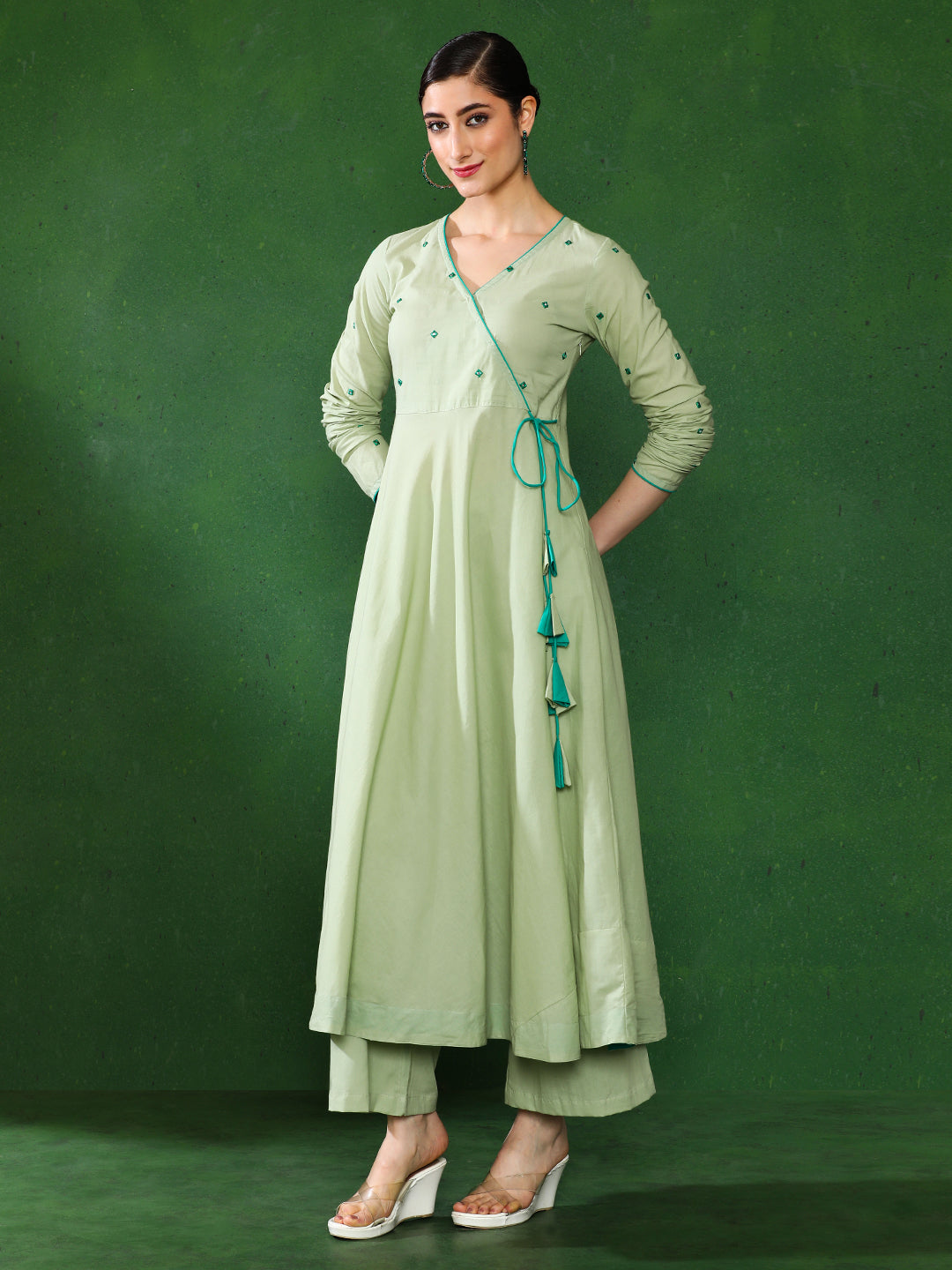 Light Green Angrakha Style Cotton Flared Kurta With Palazzos