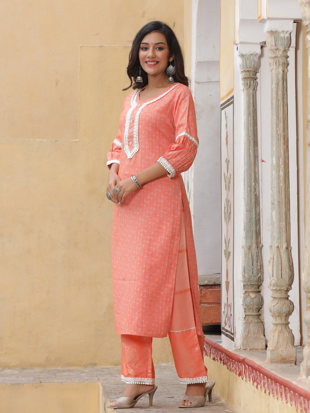 Orange Printed Kurta With Palazzo