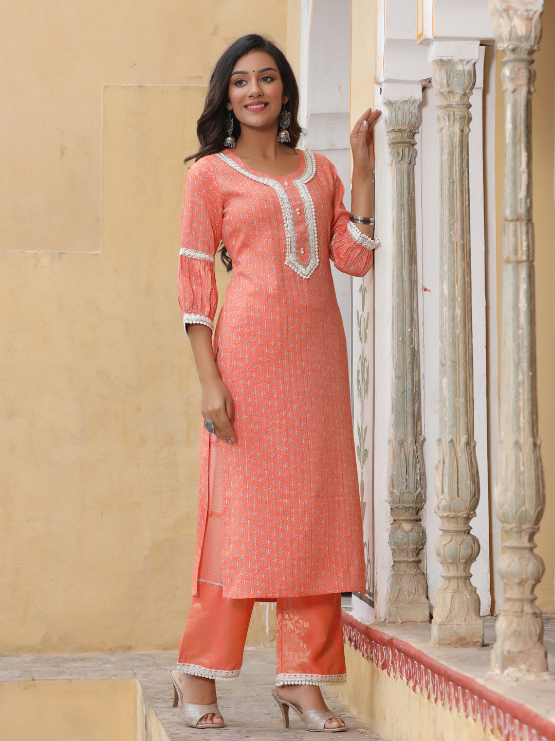 Orange Printed Kurta With Palazzo