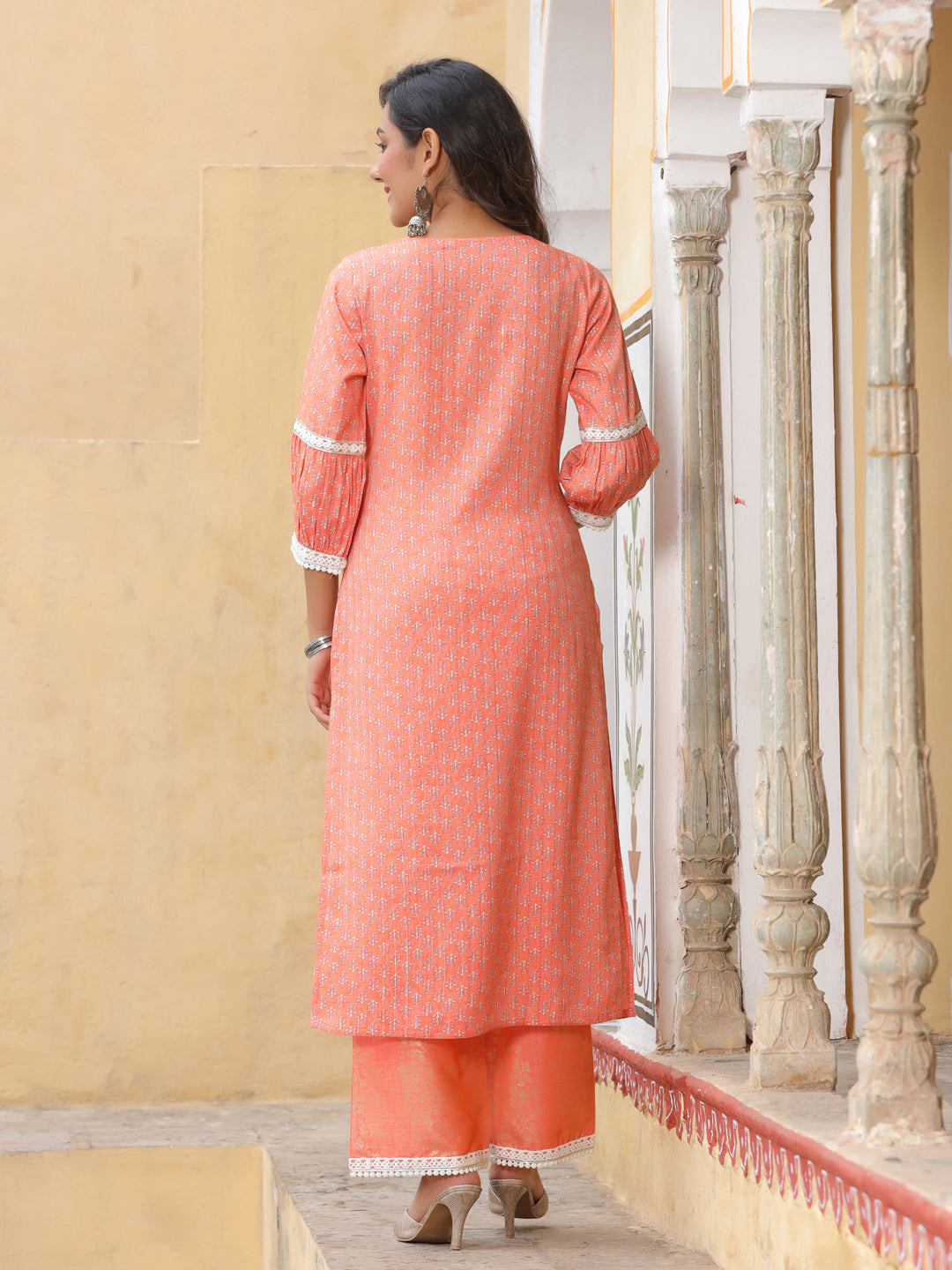 Orange Printed Kurta With Palazzo