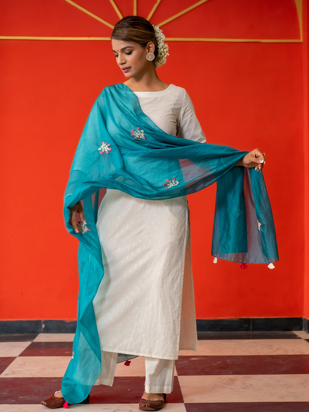 White Cotton Lurex Straight Embroidered Kurta With Palazzo & Dupatta