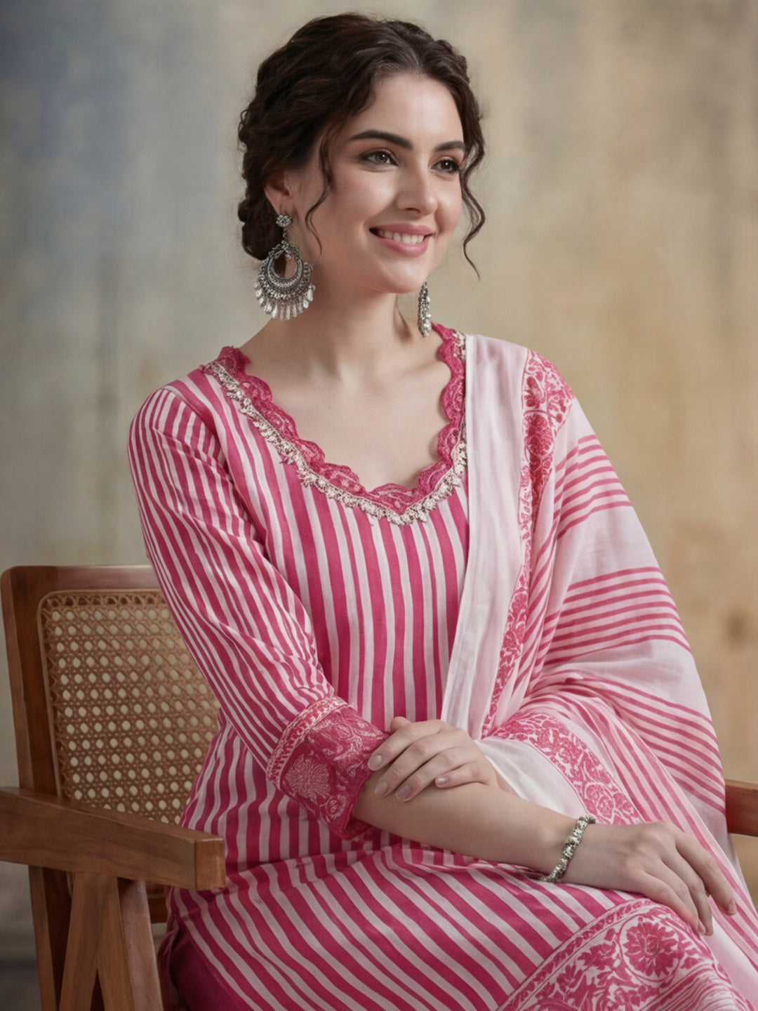 Striped Printed Thread Work Pure Cotton Kurta With Pant & Mulmul Dupatta