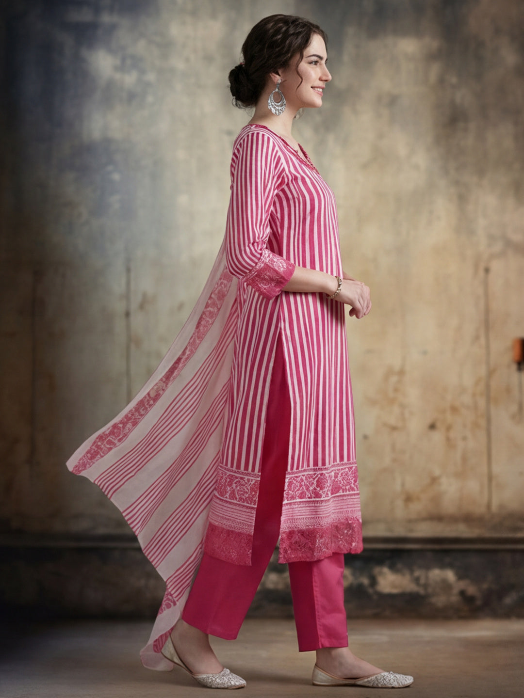Striped Printed Thread Work Pure Cotton Kurta With Pant & Mulmul Dupatta