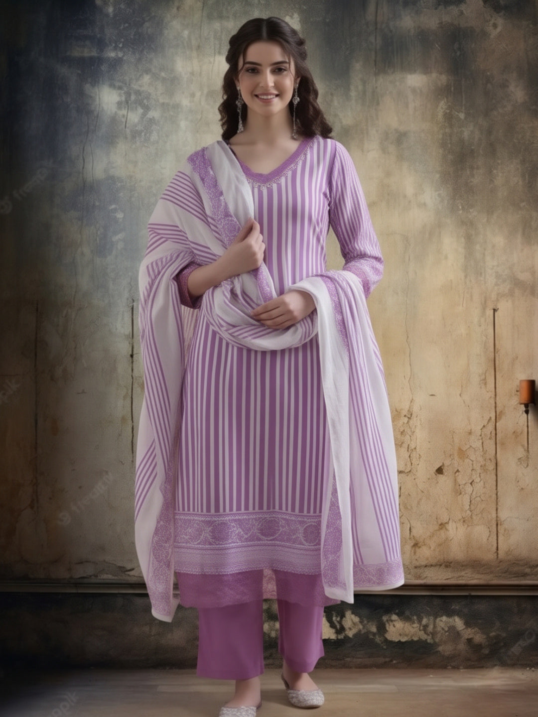 Striped Printed Thread Work Pure Cotton Kurta With Pant & Mulmul Dupatta