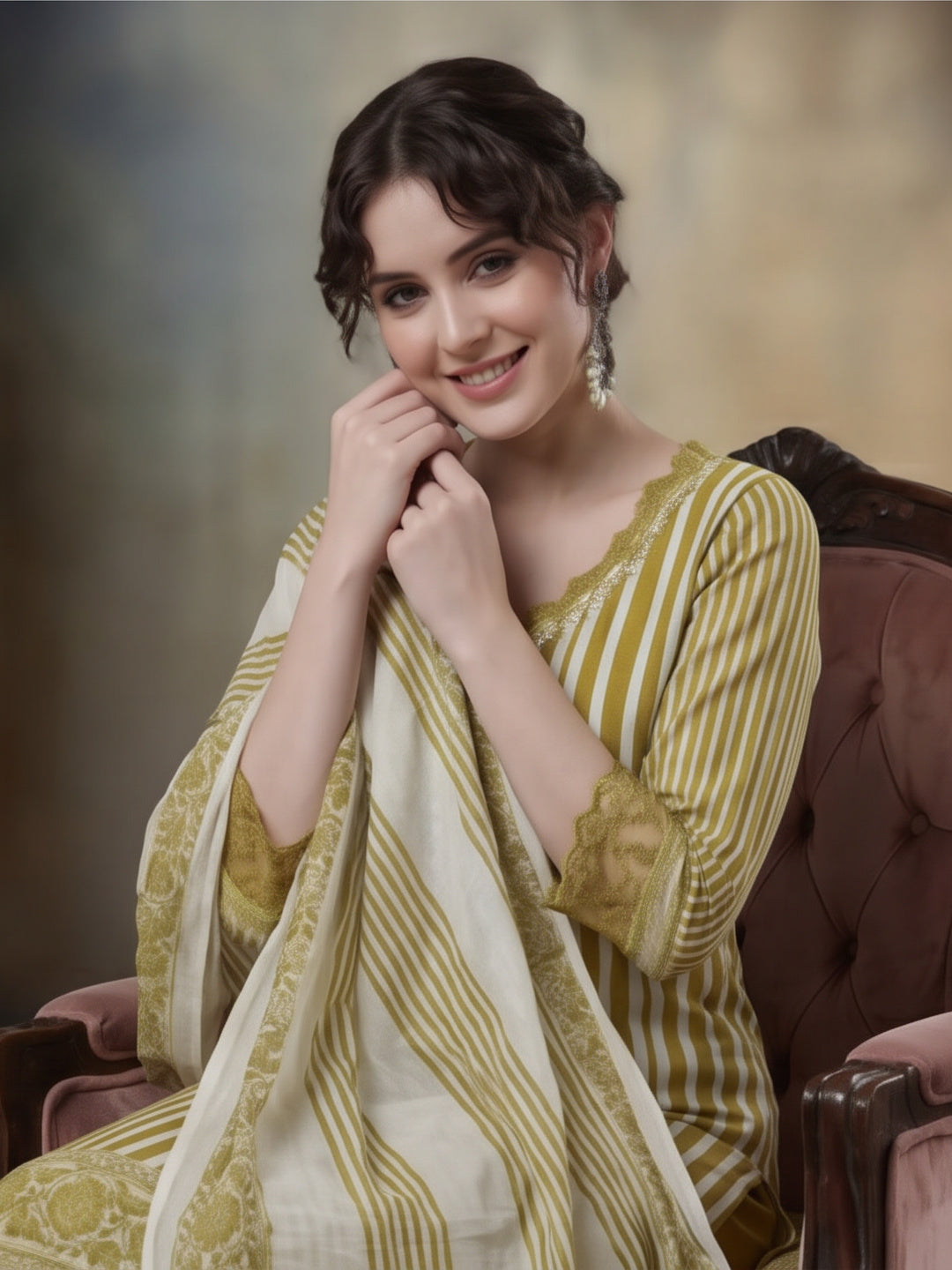 Striped Printed Thread Work Pure Cotton Kurta With Pant & Mulmul Dupatta