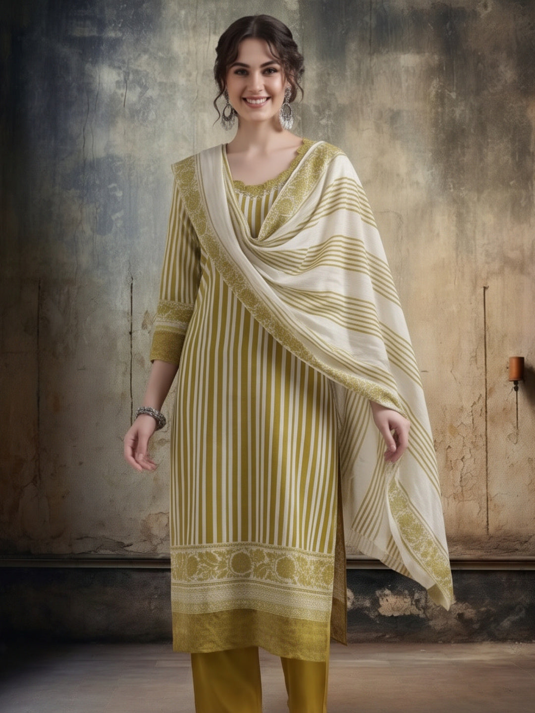 Striped Printed Thread Work Pure Cotton Kurta With Pant & Mulmul Dupatta