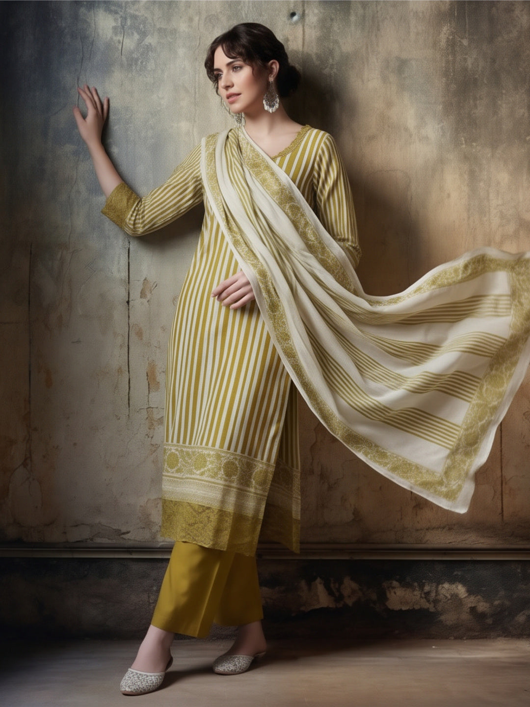 Striped Printed Thread Work Pure Cotton Kurta With Pant & Mulmul Dupatta