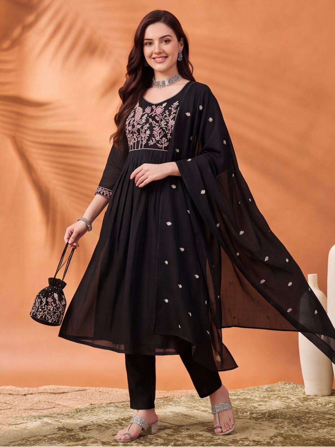 Women's Black Embroidered Anarkali Kurta Set with Dupatta | Mul Cotton Festive Ethnic Wear