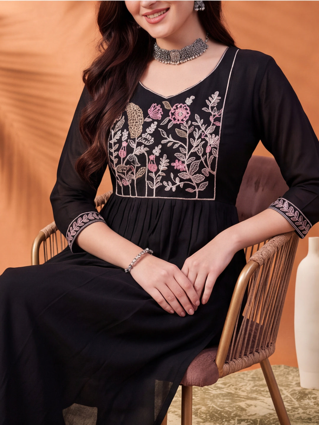 Women's Black Embroidered Anarkali Kurta Set with Dupatta | Mul Cotton Festive Ethnic Wear