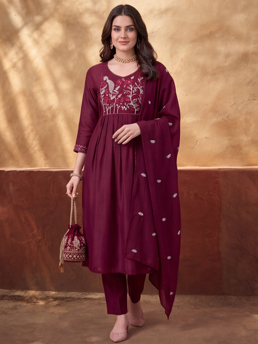 Women's Magenta Embroidered Anarkali Kurta Set with Dupatta | Mul Cotton Festive Ethnic Wear