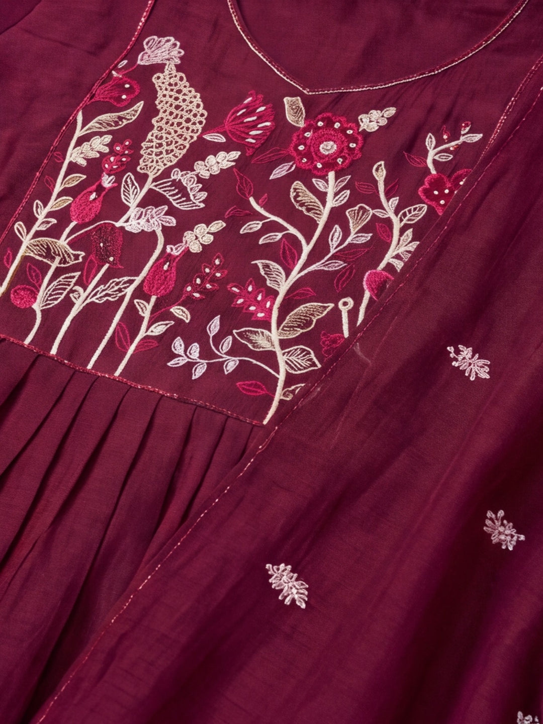 Women's Magenta Embroidered Anarkali Kurta Set with Dupatta | Mul Cotton Festive Ethnic Wear