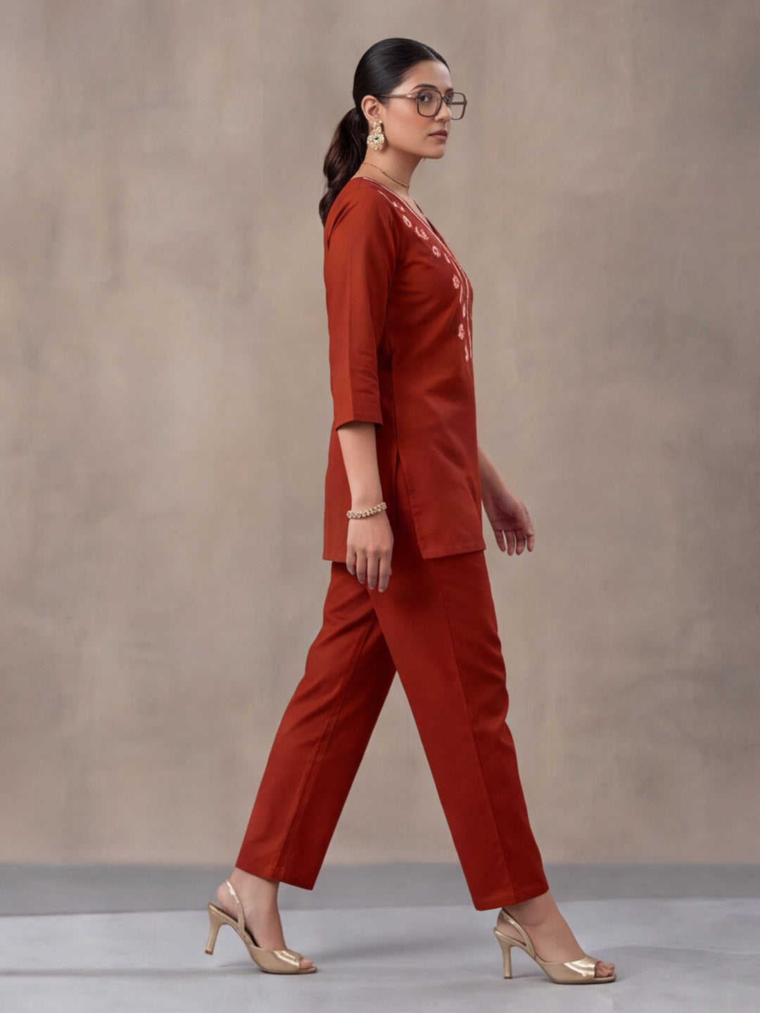 Women's Rust Embroidered Co-Ord Set | Cotton Flex Straight Kurta & Pants Ethnic Wear