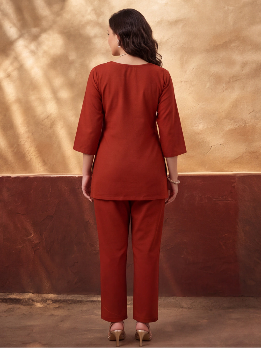 Women's Rust Embroidered Co-Ord Set | Cotton Flex Straight Kurta & Pants Ethnic Wear