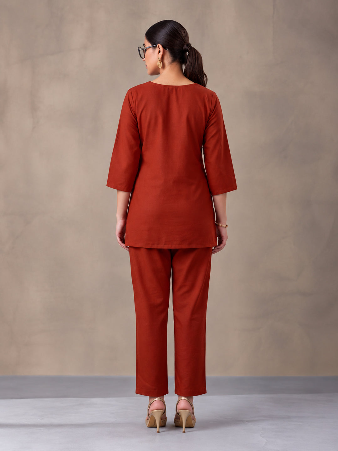 Women's Rust Embroidered Co-Ord Set | Cotton Flex Straight Kurta & Pants Ethnic Wear