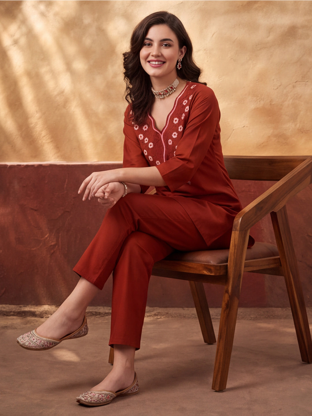 Women's Rust Embroidered Co-Ord Set | Cotton Flex Straight Kurta & Pants Ethnic Wear