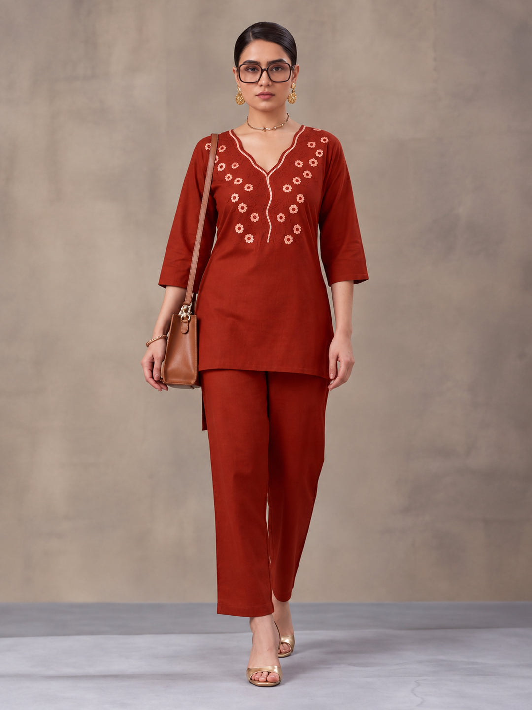 Women's Rust Embroidered Co-Ord Set | Cotton Flex Straight Kurta & Pants Ethnic Wear