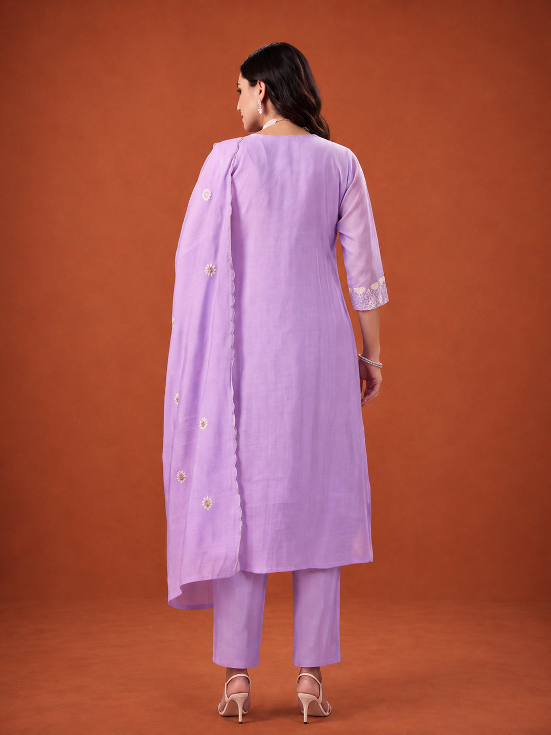 Women's Lavender Embroidered Anarkali Kurta Set with Dupatta | Mul Cotton Festive Ethnic Wear