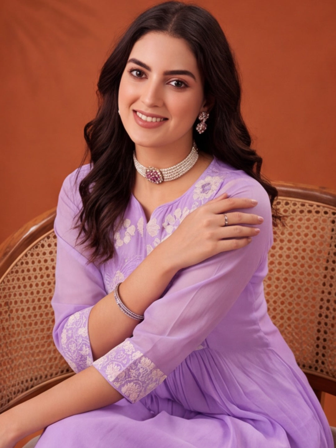 Women's Lavender Embroidered Anarkali Kurta Set with Dupatta | Mul Cotton Festive Ethnic Wear
