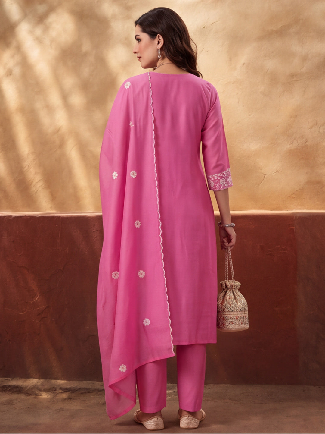 Women's Pink Embroidered Anarkali Kurta Set with Dupatta | Mul Cotton Festive Ethnic Wear