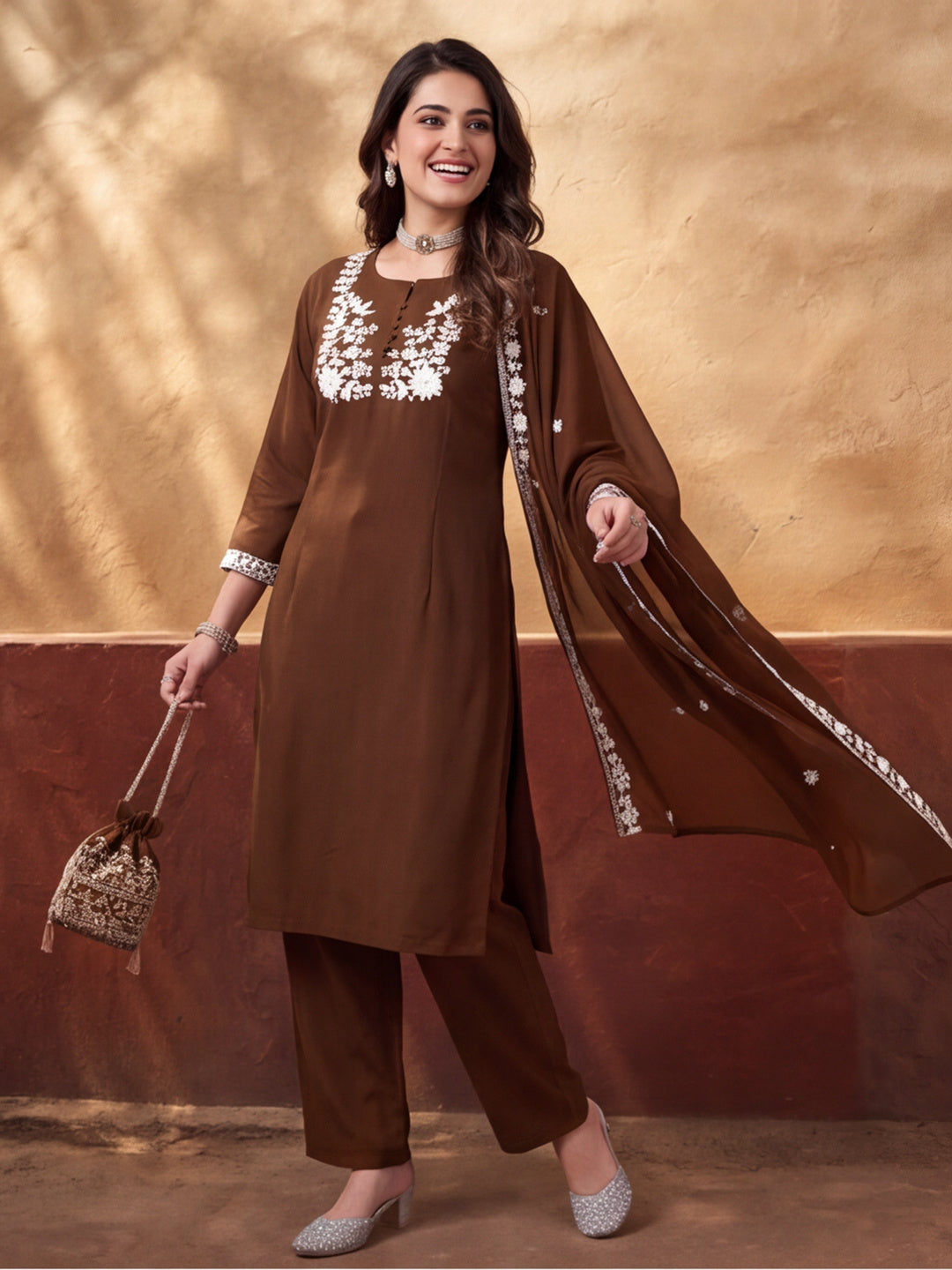 Women's Brown Embroidered Kurta Set with Dupatta | Mul Cotton Festive Ethnic Wear