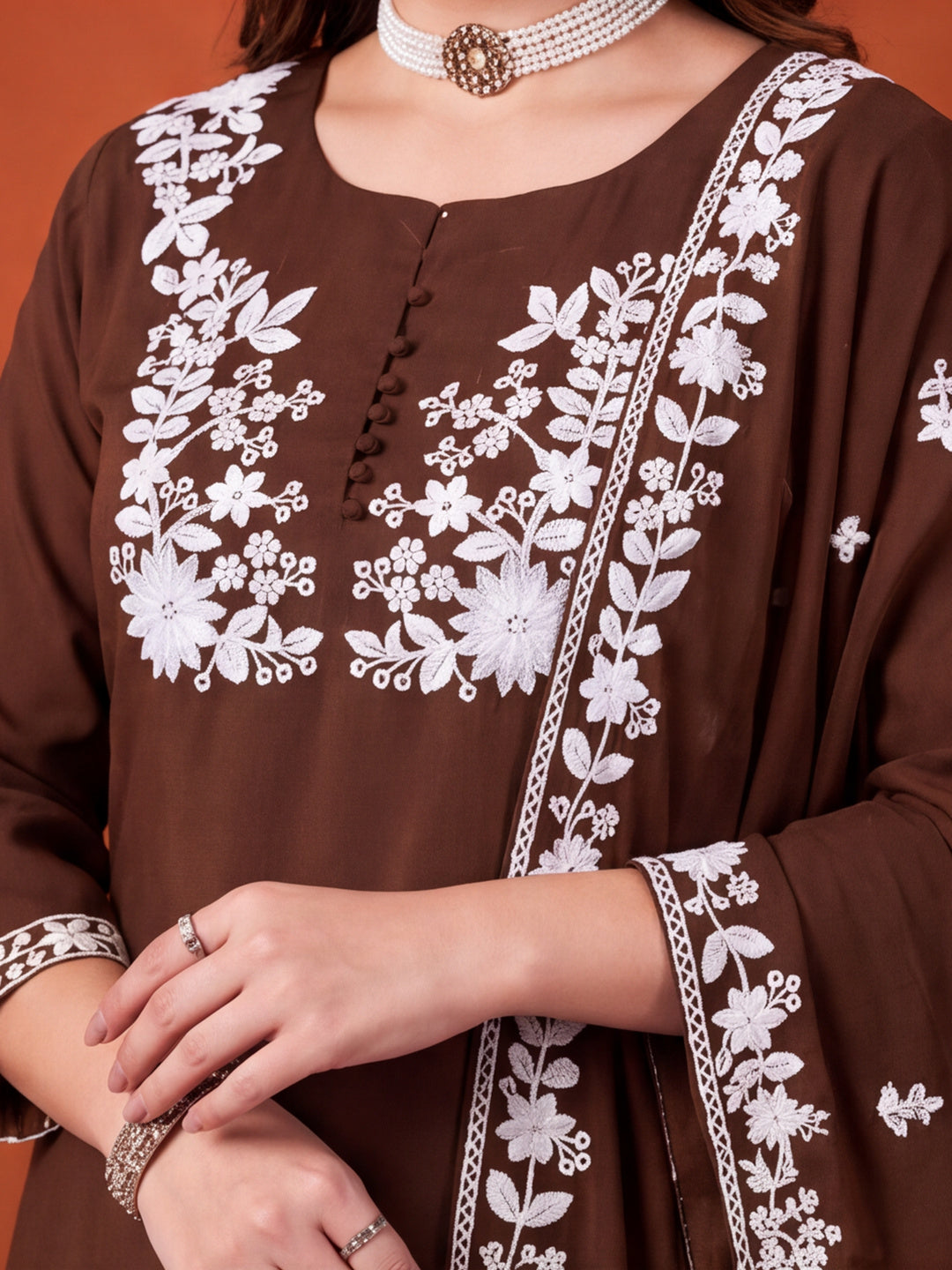 Women's Brown Embroidered Kurta Set with Dupatta | Mul Cotton Festive Ethnic Wear