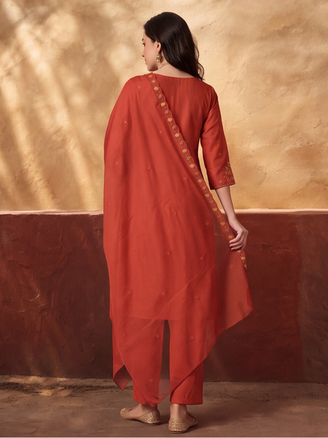 Women's Rust Embroidered Kurta Set with Dupatta | Mul Cotton Festive Ethnic Wear