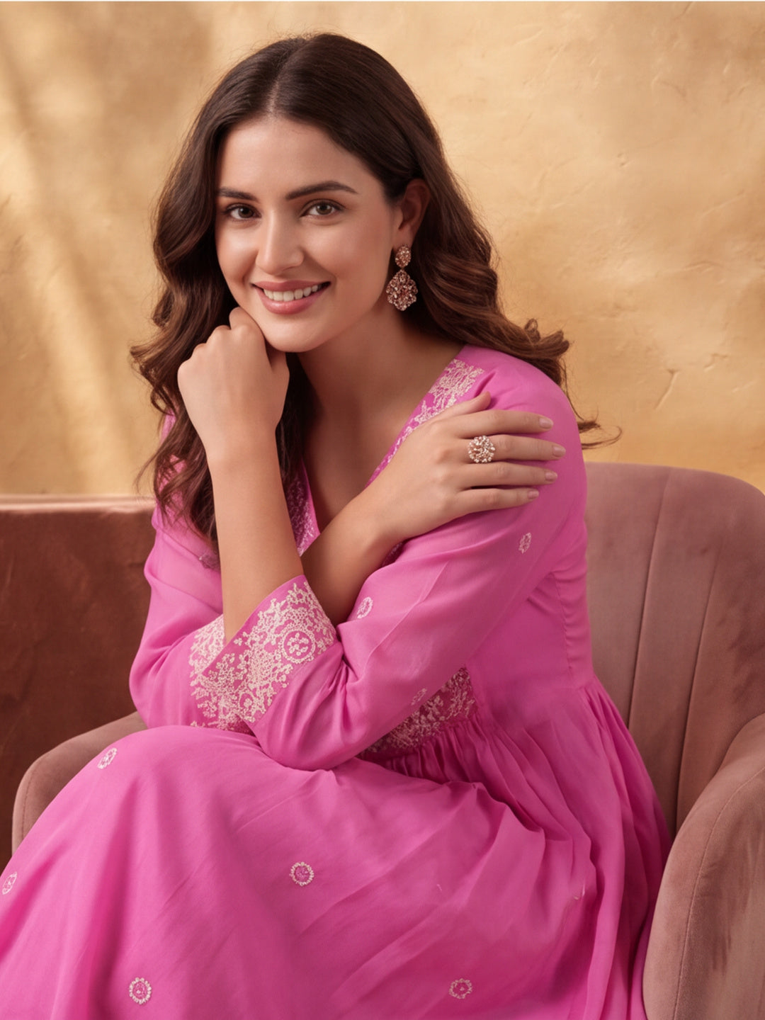Women's Pink Embroidered Kurta Set with Dupatta | Mul Cotton Festive Ethnic Wear
