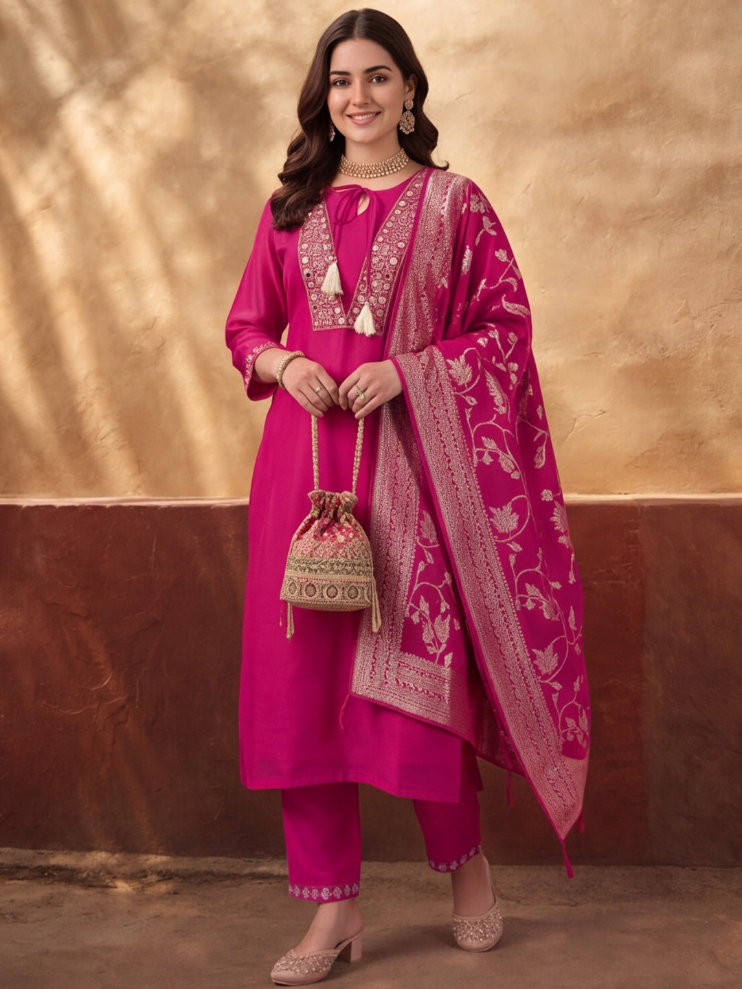 Women's Pink Embroidered Kurta Set with Jacquard Dupatta | Mul Cotton Festive Ethnic Wear
