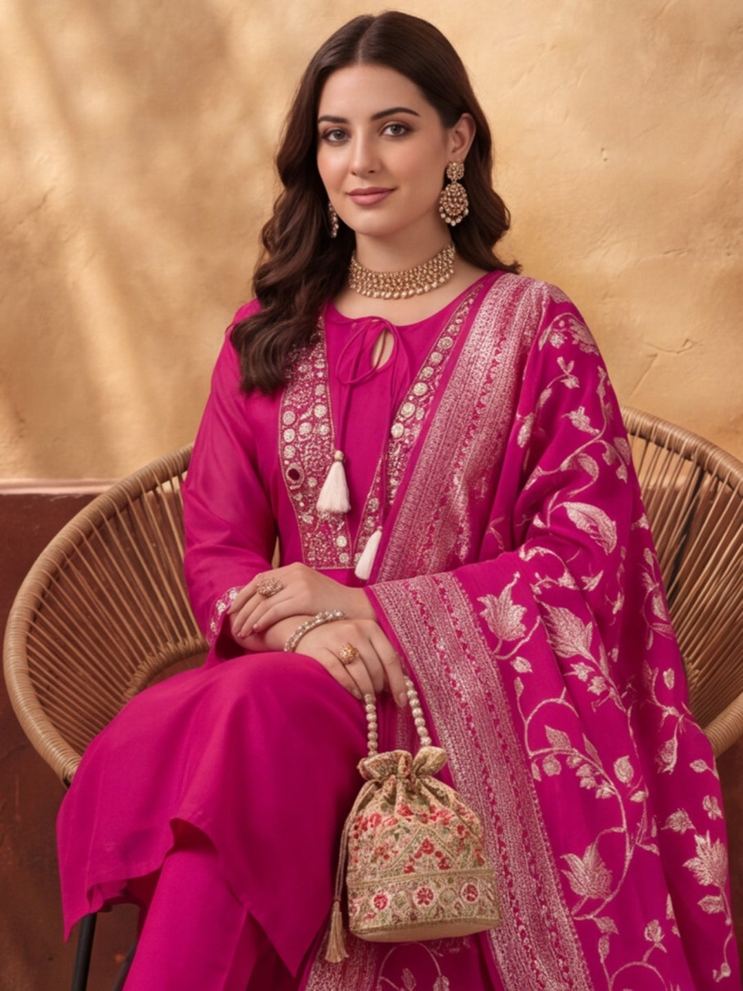 Women's Pink Embroidered Kurta Set with Jacquard Dupatta | Mul Cotton Festive Ethnic Wear