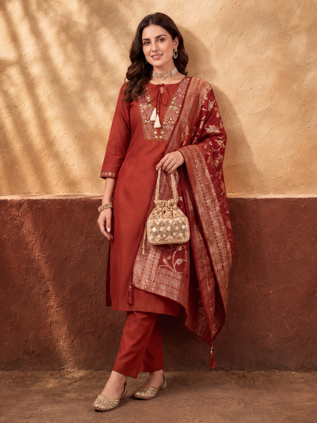 Women's Rust Embroidered Kurta Set with Jacquard Dupatta | Mul Cotton Festive Ethnic Wear