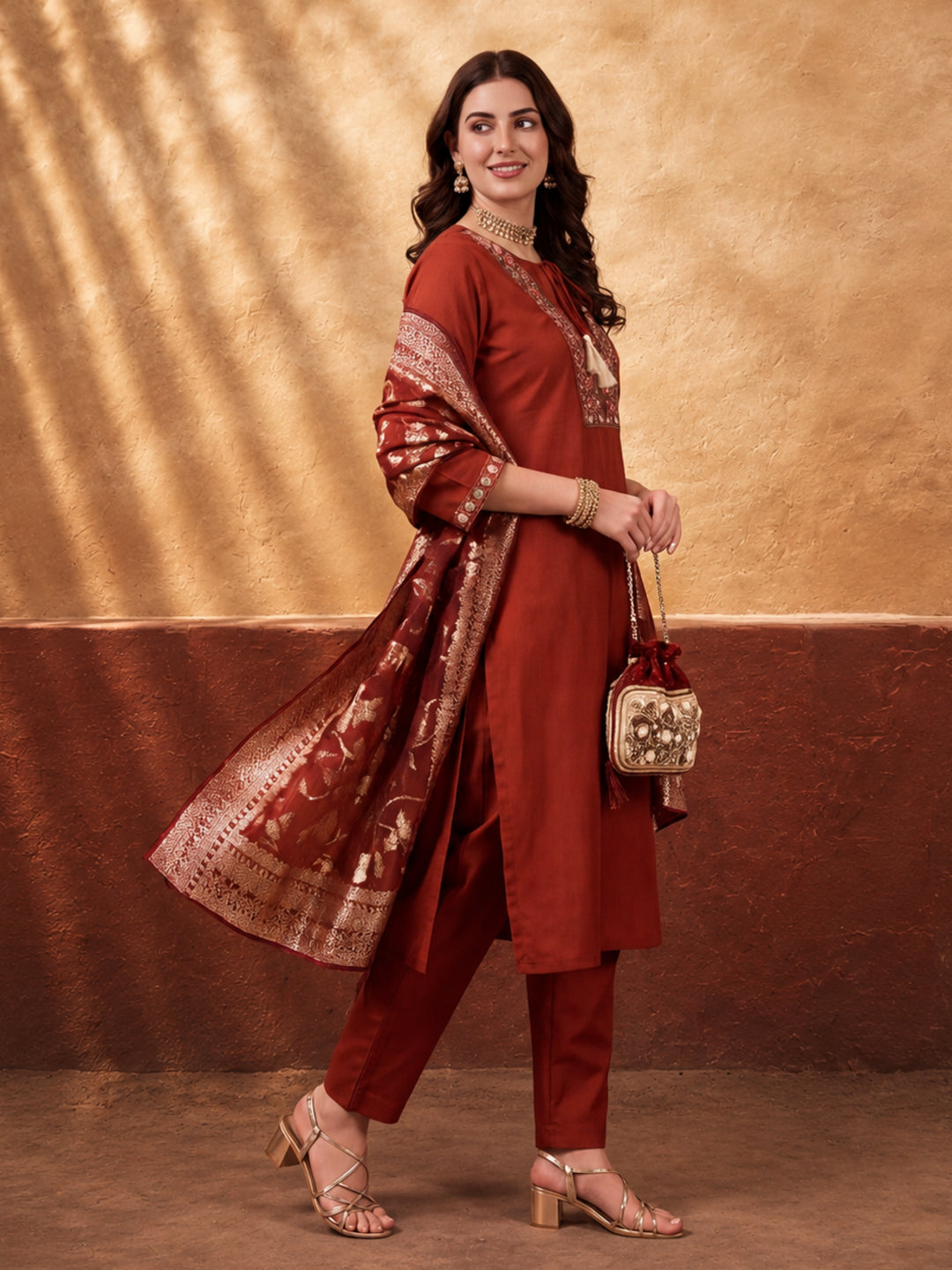 Women's Rust Embroidered Kurta Set with Jacquard Dupatta | Mul Cotton Festive Ethnic Wear