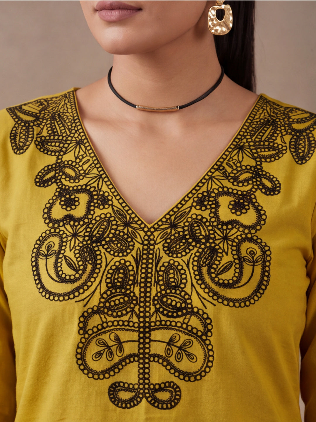 Women's Mustard Embroidered Co-Ord Set | Premium Cotton Flex Kurta & Pants Ethnic Wear