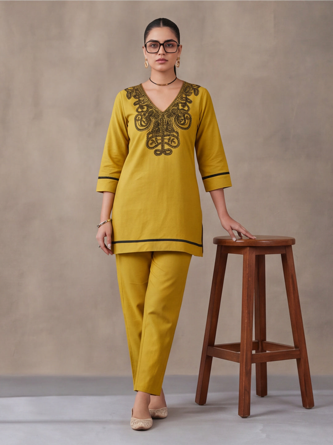 Women's Mustard Embroidered Co-Ord Set | Premium Cotton Flex Kurta & Pants Ethnic Wear