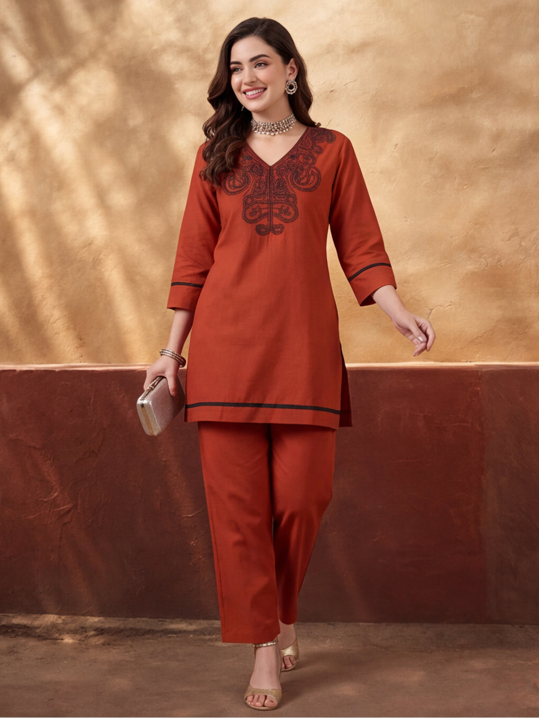 Women's Rust Embroidered Co-Ord Set | Premium Cotton Flex Kurta & Pants Ethnic Wear