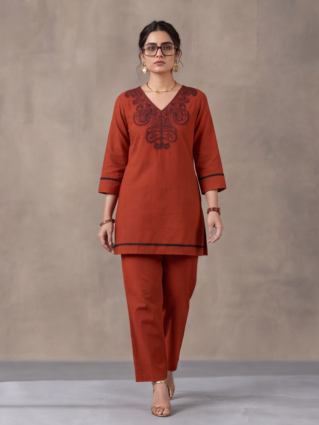 Women's Rust Embroidered Co-Ord Set | Premium Cotton Flex Kurta & Pants Ethnic Wear