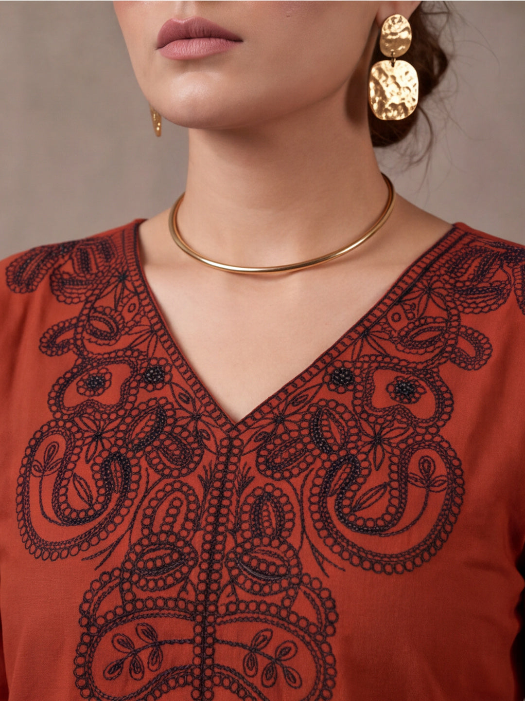 Women's Rust Embroidered Co-Ord Set | Premium Cotton Flex Kurta & Pants Ethnic Wear