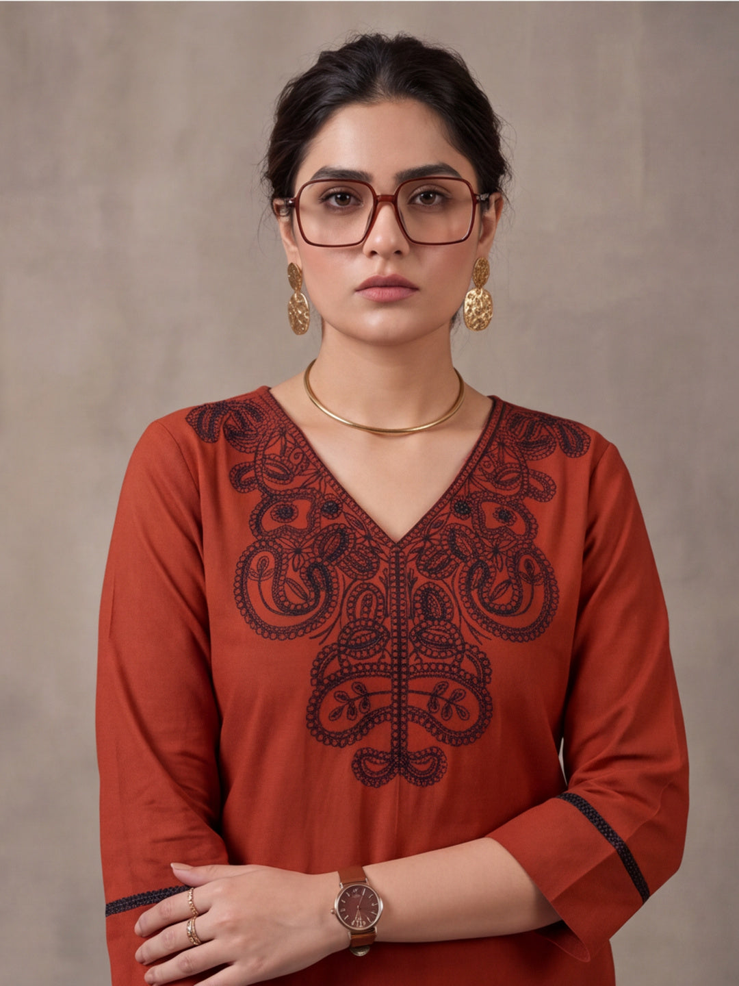 Women's Rust Embroidered Co-Ord Set | Premium Cotton Flex Kurta & Pants Ethnic Wear