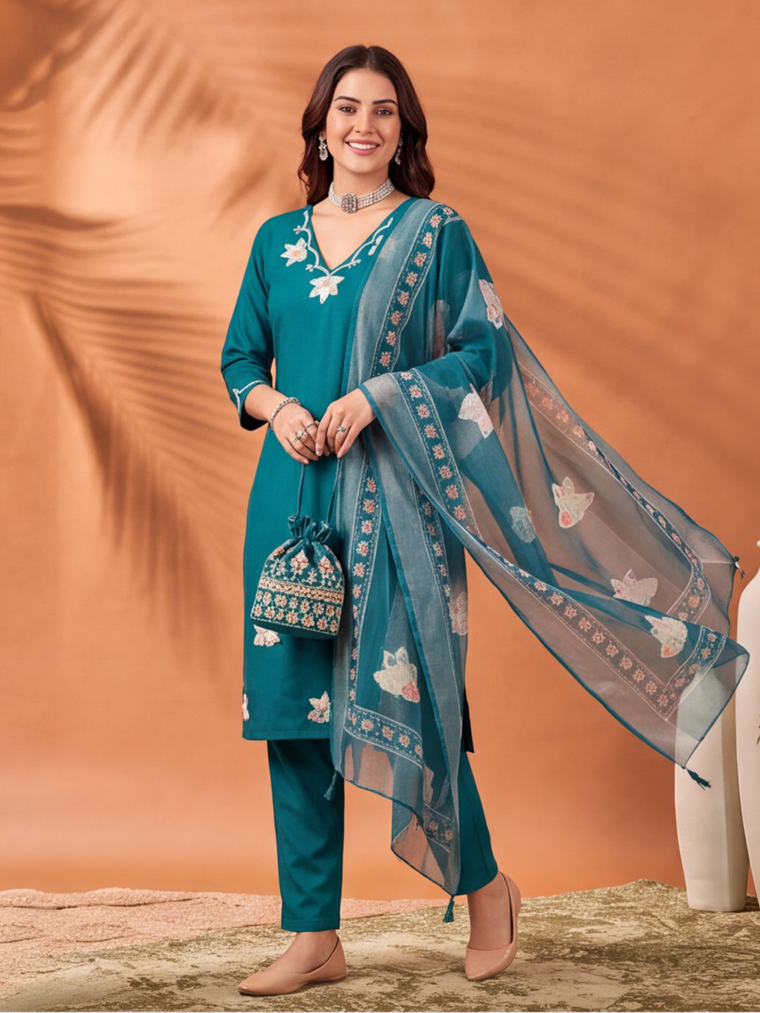 Women's Teal Embroidered Kurta Set with Digital Printed Linen Dupatta | Roman Cotton Suit Set