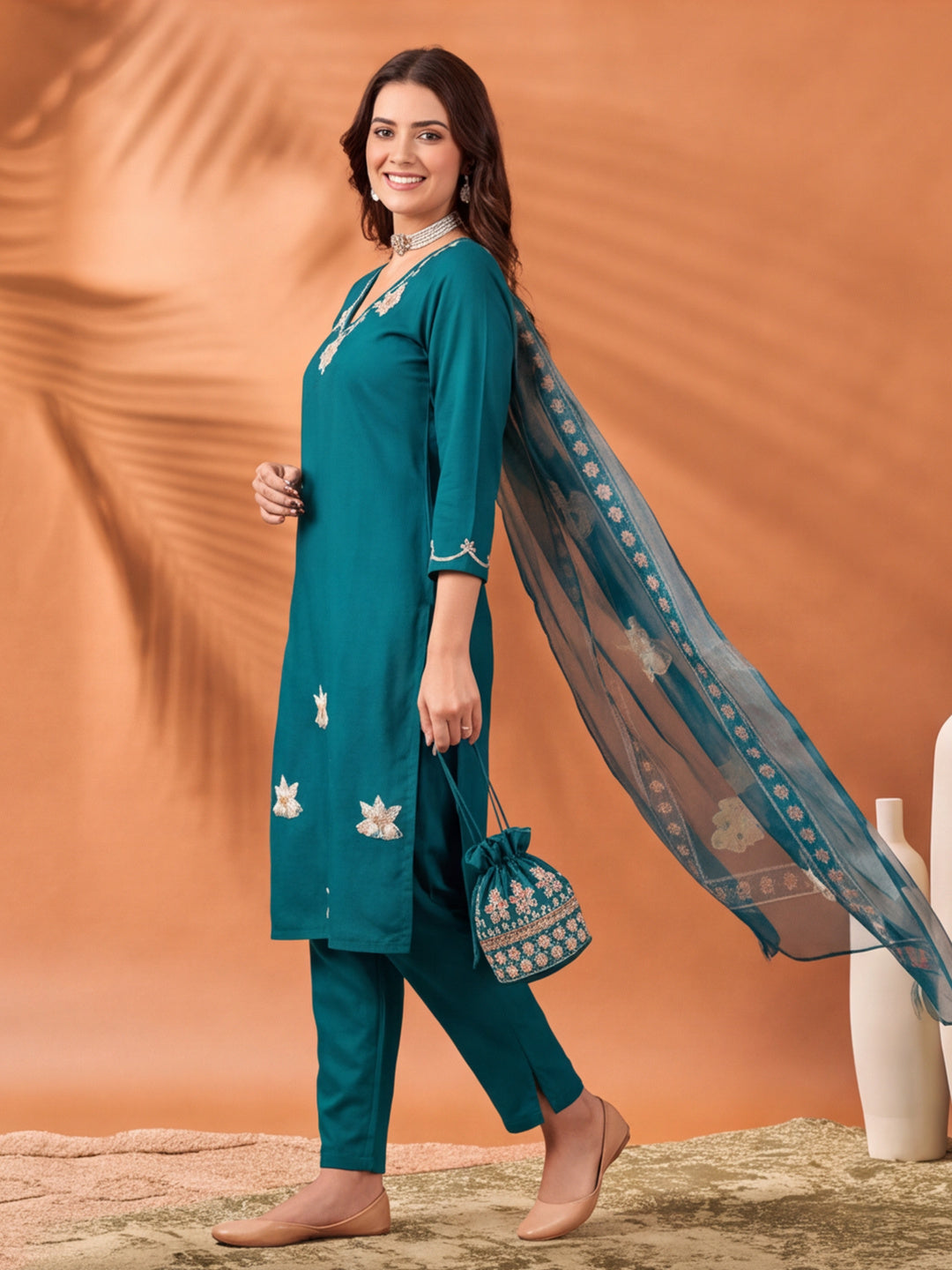 Women's Teal Embroidered Kurta Set with Digital Printed Linen Dupatta | Roman Cotton Suit Set