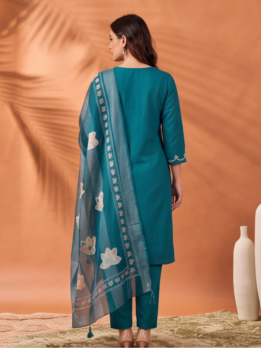 Women's Teal Embroidered Kurta Set with Digital Printed Linen Dupatta | Roman Cotton Suit Set