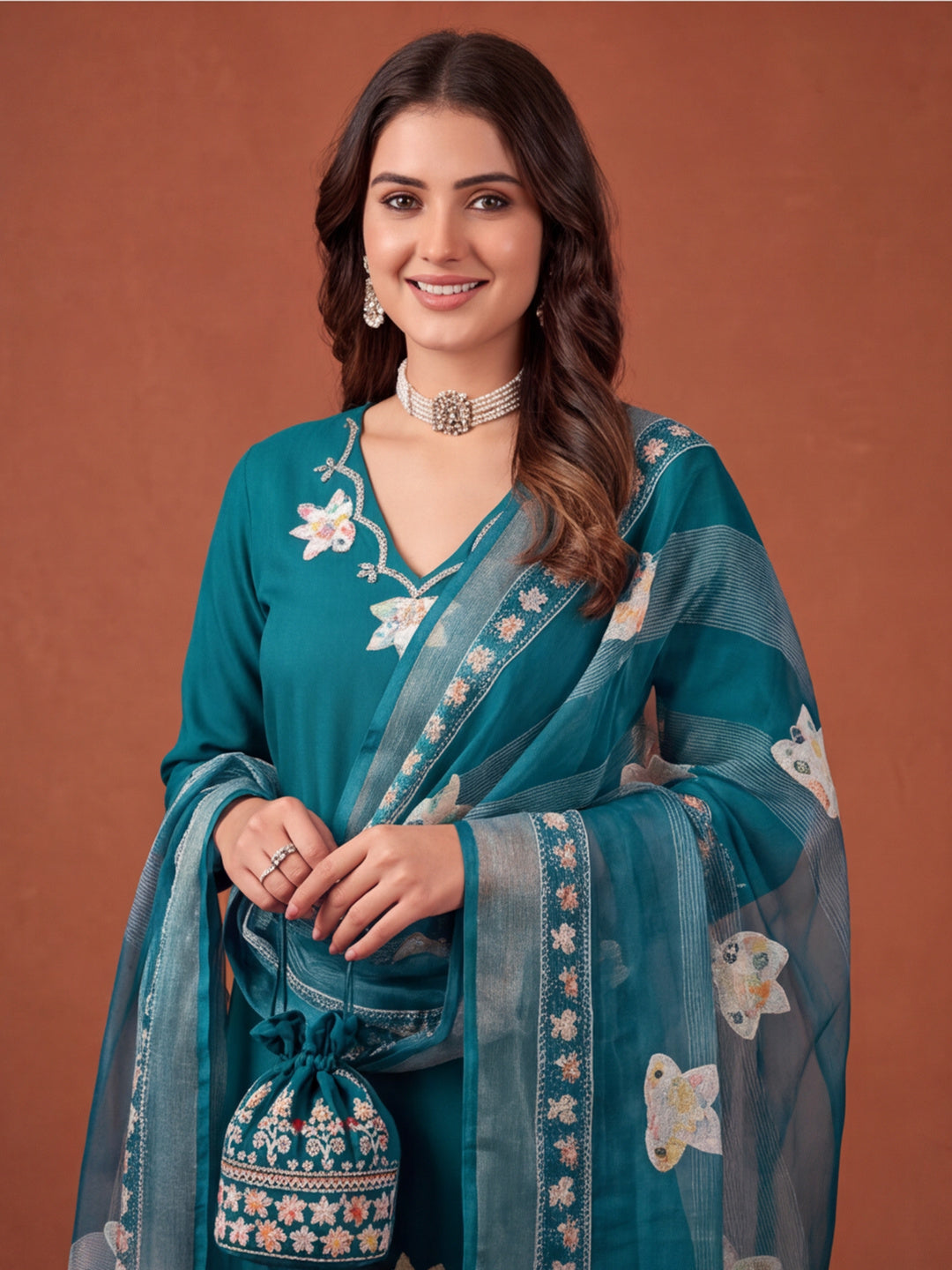 Women's Teal Embroidered Kurta Set with Digital Printed Linen Dupatta | Roman Cotton Suit Set