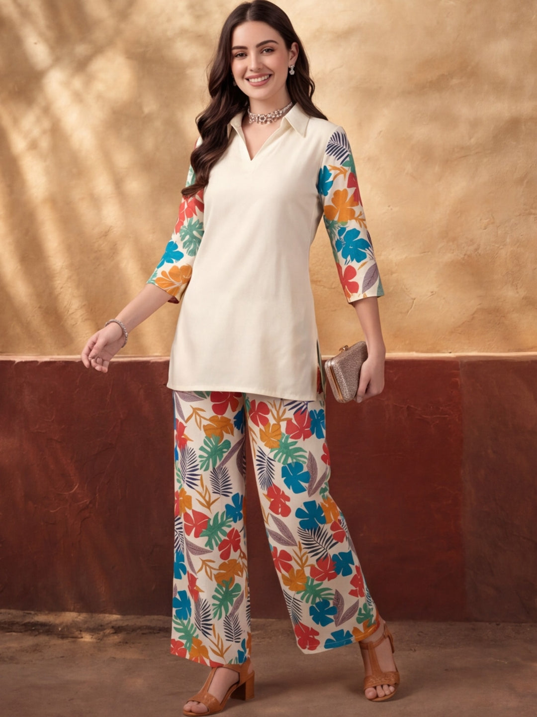 Women's White Tropical Digital Printed Co-Ord Set | Soft Cotton Shirt & Wide Leg Pants