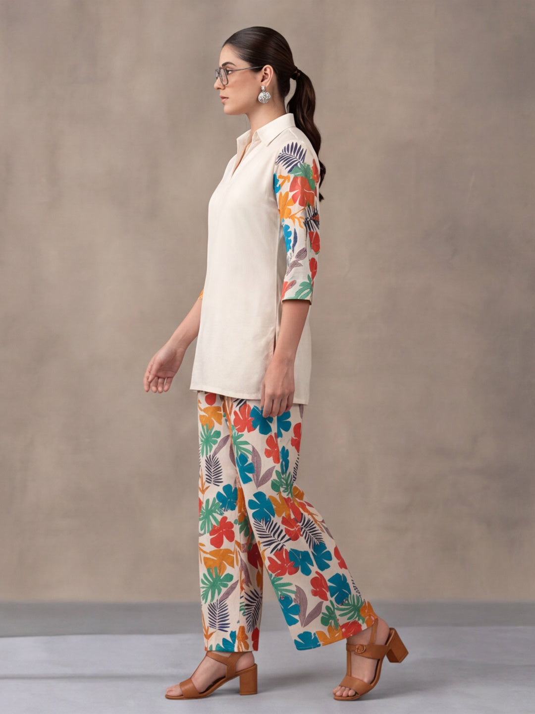 Women's White Tropical Digital Printed Co-Ord Set | Soft Cotton Shirt & Wide Leg Pants