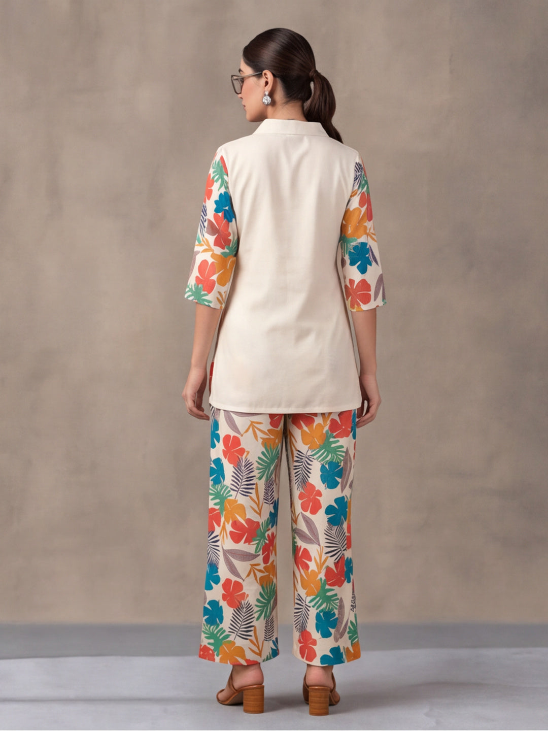 Women's White Tropical Digital Printed Co-Ord Set | Soft Cotton Shirt & Wide Leg Pants