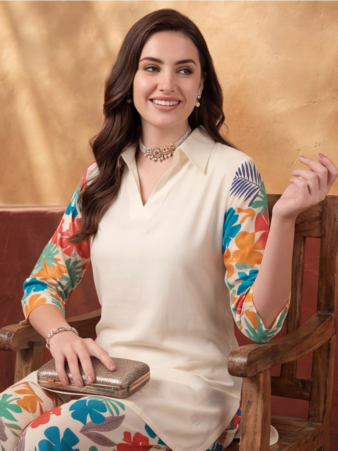 Women's White Tropical Digital Printed Co-Ord Set | Soft Cotton Shirt & Wide Leg Pants