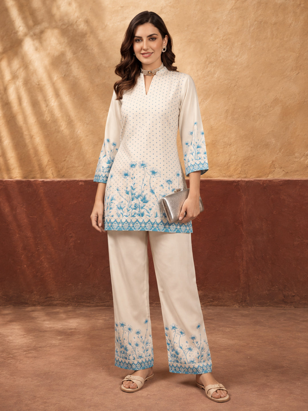 Women's Off White & Blue Floral Digital Printed Co-Ord Set | Soft Cotton Kurta & Palazzo