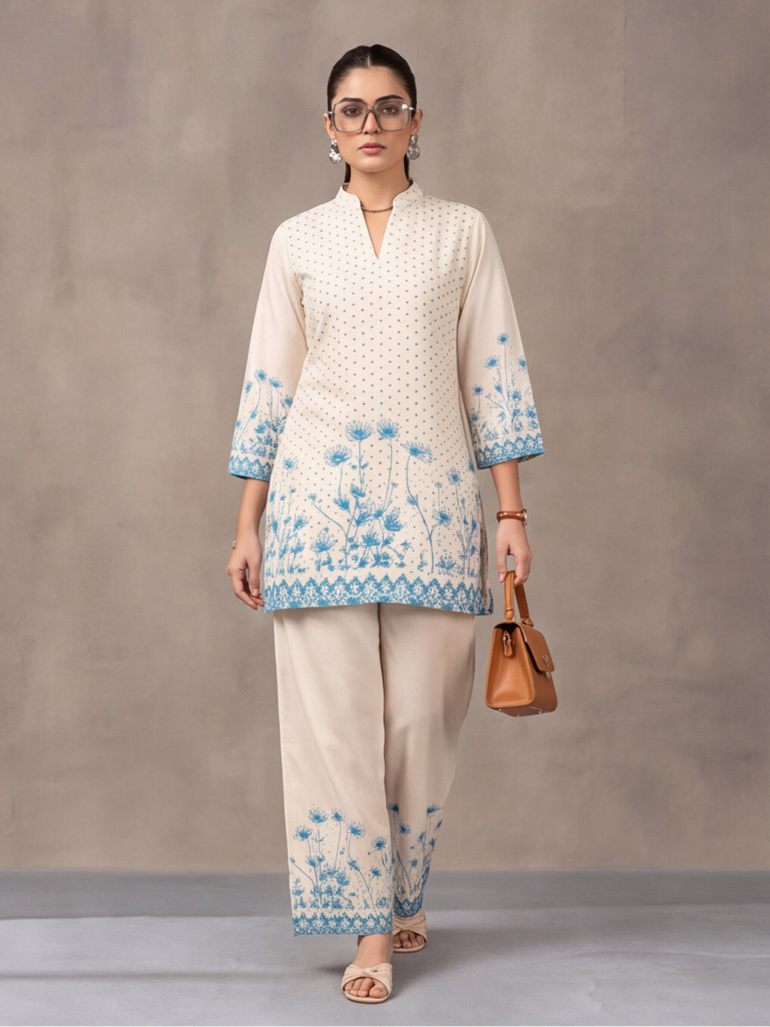 Women's Off White & Blue Floral Digital Printed Co-Ord Set | Soft Cotton Kurta & Palazzo