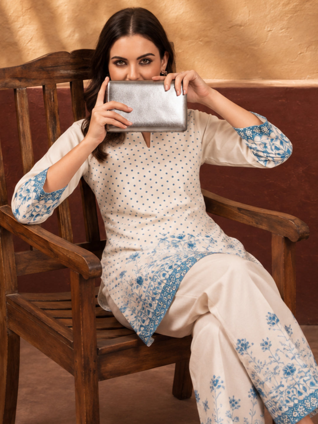 Women's Off White & Blue Floral Digital Printed Co-Ord Set | Soft Cotton Kurta & Palazzo