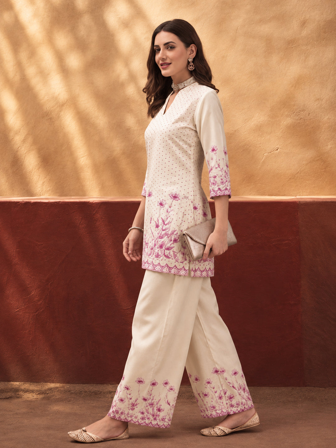 Women's Off White & Pink Floral Digital Printed Co-Ord Set | Soft Cotton Kurta & Palazzo